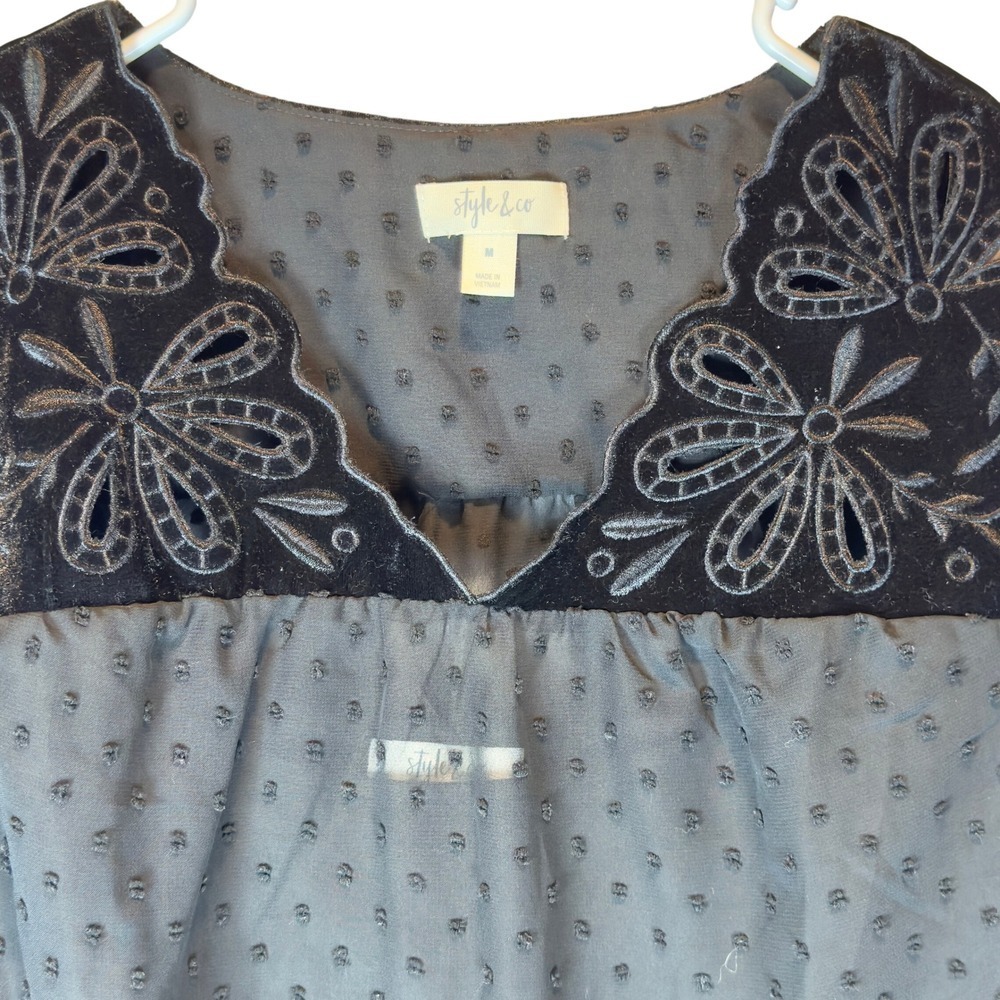 NEW Black Whimsigoth Sheer Swiss Dot Blouse M Velvet Embroidery Fairy Grunge - Picture 2 of 8